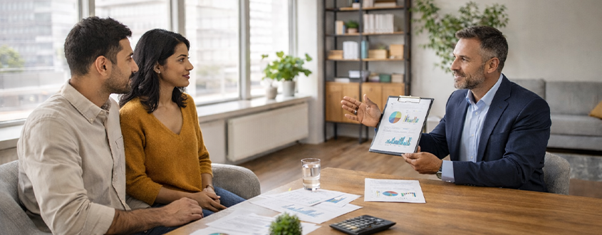 Financieel adviseur bespreekt financieel advies met klanten in modern kantoor