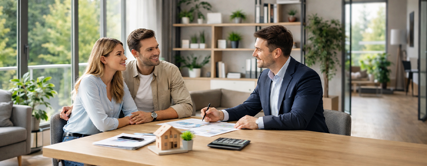 Hypotheekadvies gesprek tussen adviseur en jong koppel in modern kantoor
